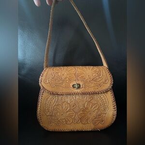 Hand-Tooled Floral Leather Shoulder Bag - Tan